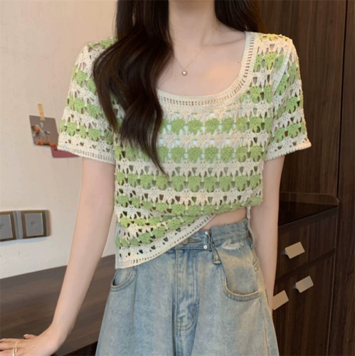 Official picture collar retro striped short-sleeved sweater for women summer hollow crochet style small loose short top