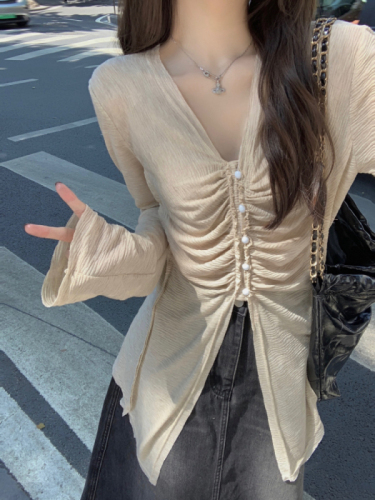 Photographed! Chic Retro V-neck Puff Collar Slim Fit Long Sleeve Women's Han Style Unique Personality Top