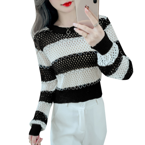 Delivered real shot design hollow striped round neck ice silk sweater for women in autumn, high-end and chic sun protection top