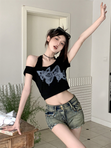 Hot girl off-shoulder halterneck short-sleeved T-shirt for women autumn Korean design butterfly print short top