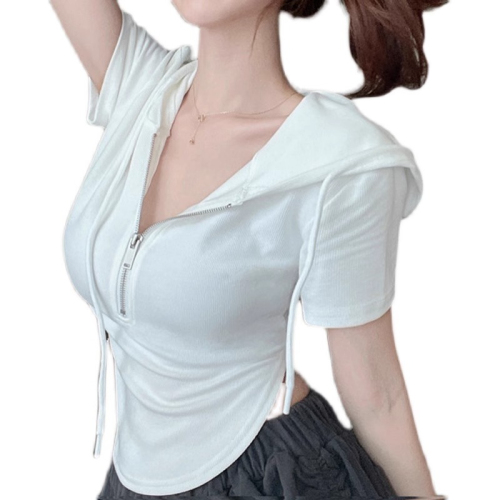 Official picture of Korean style hooded short-sleeved slim sweatshirt design for small irregular tops summer T-shirt