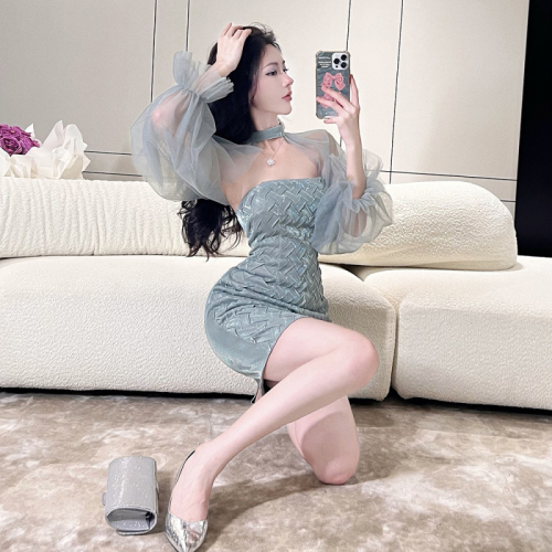 Actual shot of new women's style ladylike style two-wear slim fit butt-hugging party holiday dress