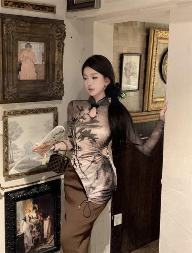 Real shot of niche design irregular modified cheongsam stand collar Chinese style long-sleeved top