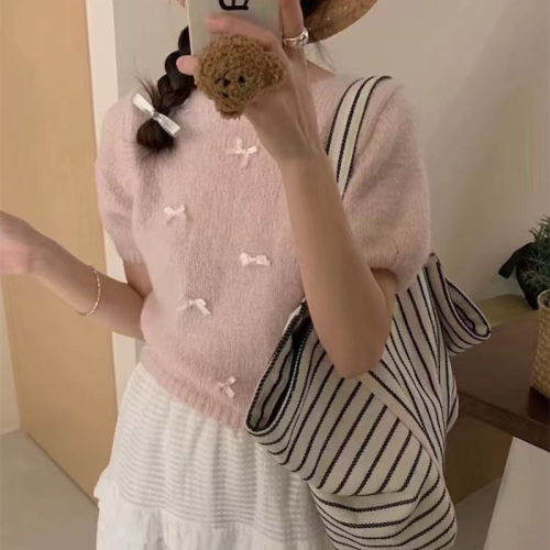 Korean chic spring and summer small bow short-sleeved round neck sweater for women spring sweet soft waxy puff sleeve top