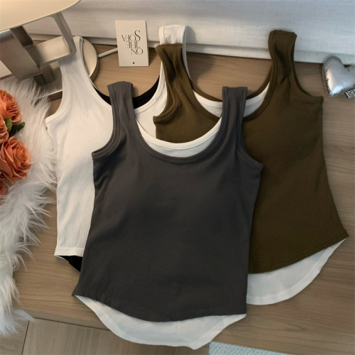 Real shot ~ hot girl wearing round neck color matching simple casual vest slimming slim outer top with breast pads