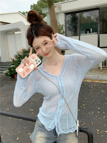 Real shot Spring and summer new style hollow long-sleeved knitted cardigan women's sun protection top