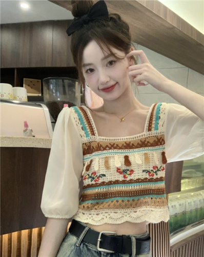 Actual shot~Summer new style crocheted hollow stitching knitted short-sleeved top for women