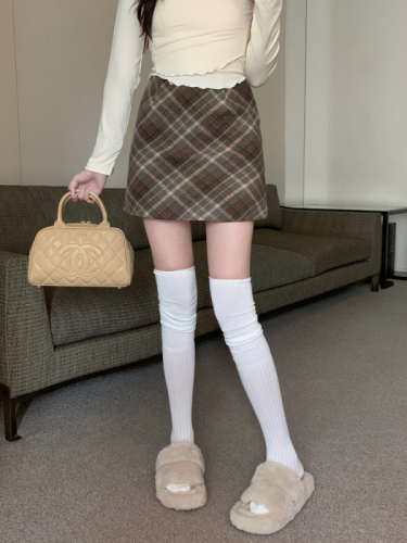 Women's New High-Waisted Plaid Wool Blend Semi-Bodycon Skirt with Vintage Short A-Line Skirt for Autumn/Winter
