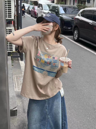 Official picture of cute childlike hand-painted style print ~ round neck pullover, dropped shoulders, short sleeves, loose casual T-shirt tops for women summer