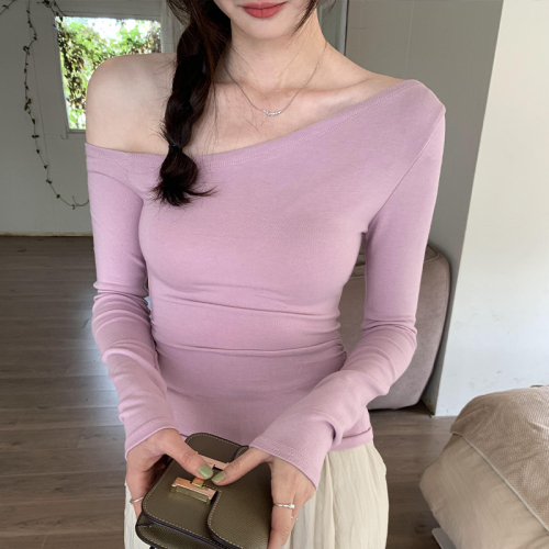 Actual pictures of slanted shoulder long-sleeved T-shirt for women 2024 spring new slim fit pure lust hot girl sexy inner top