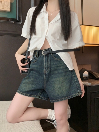 Actual shot #New high-waisted denim shorts for women, slim and versatile, wide-footed, A-line shorts