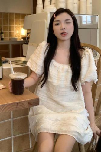 Real shot of sweet tea break heavy industry lace square neck one-shoulder two-wear doll loose puff sleeve dress