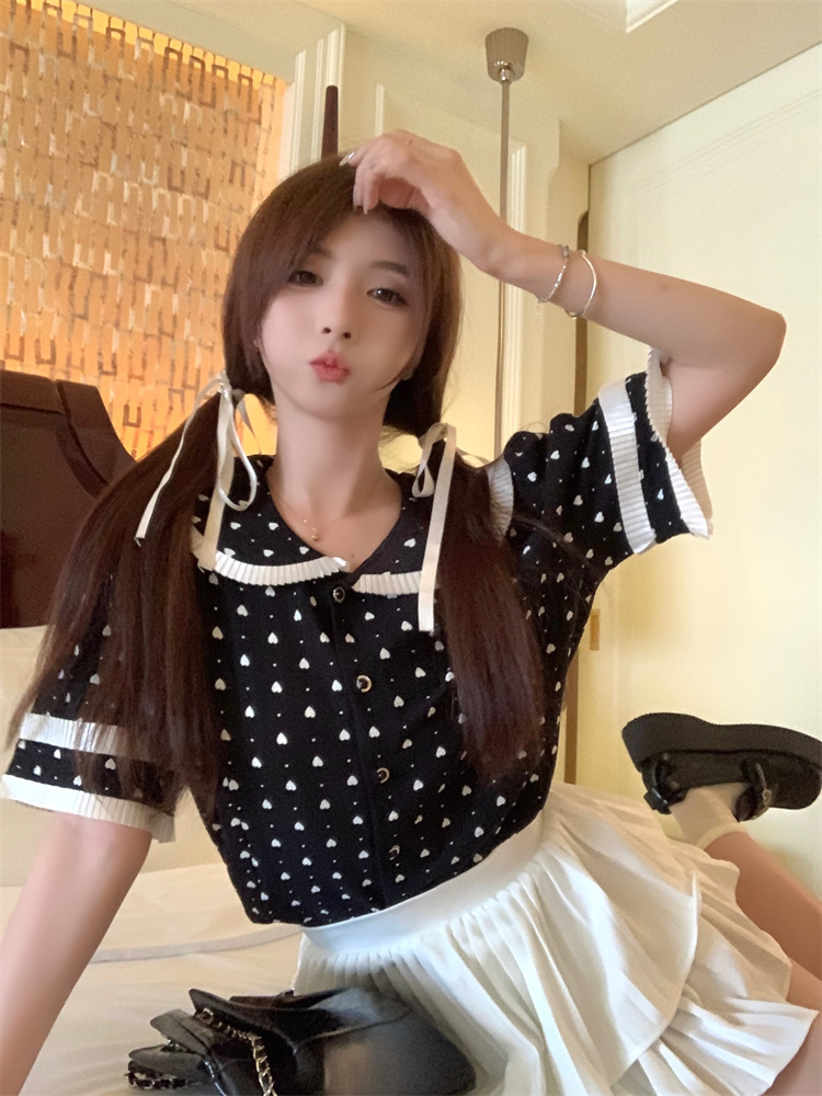 ～大碼女裝娃娃領襯衫女短袖夏設計感小眾法式小衫上衣