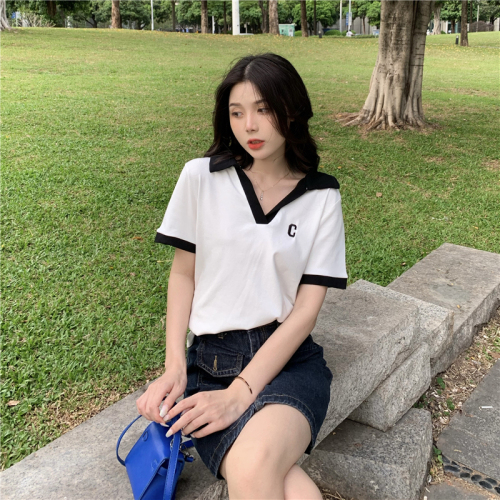 Official picture of contrasting color lapel letter embroidered short-sleeved 2024 summer new style slim Polo shirt top trendy