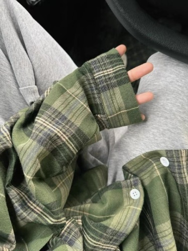 Original Cotton Color-Woven Retro Green Checkered Shirt for Women - Spring and Autumn New Design Sense Uncommon Blouse