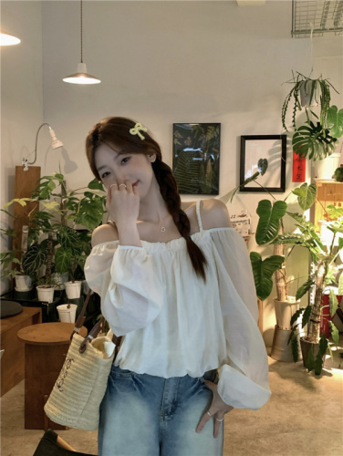 Actual shot ~ New style puff sleeve one-shoulder straps with western style off-shoulder long-sleeved chiffon shirt top