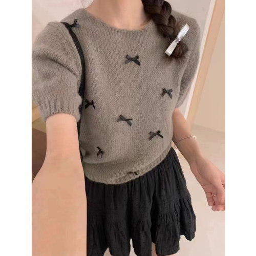 Korean chic spring and summer small bow short-sleeved round neck sweater for women spring sweet soft waxy puff sleeve top