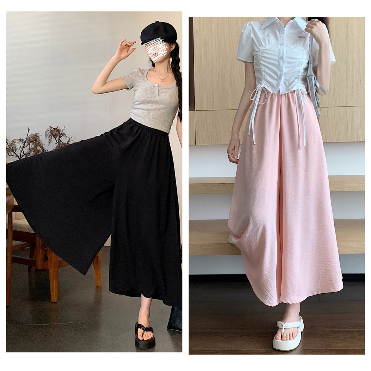 7392 Real shot of skirt for women in summer with thin elastic waist and drapey feeling, slimming and large swing skirt, A-line long skirt, casual culottes