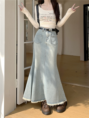 Actual shot ~ High-waisted slimming fishtail hip-hugging sexy denim half-length A-line skirt