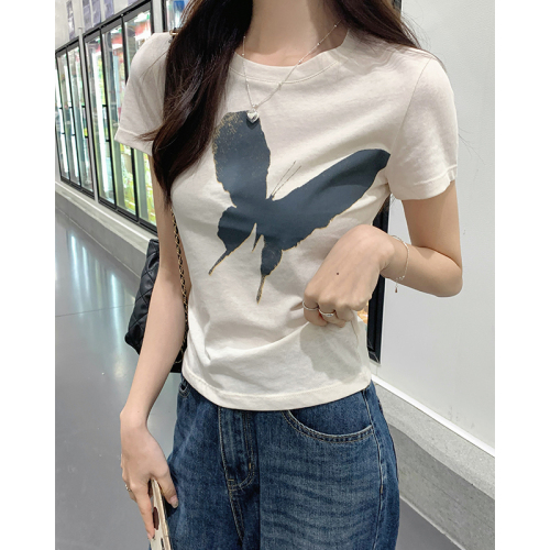 Real shot of snowflake cotton thin short-sleeved T-shirt for women in summer, versatile retro letter print right shoulder slim top