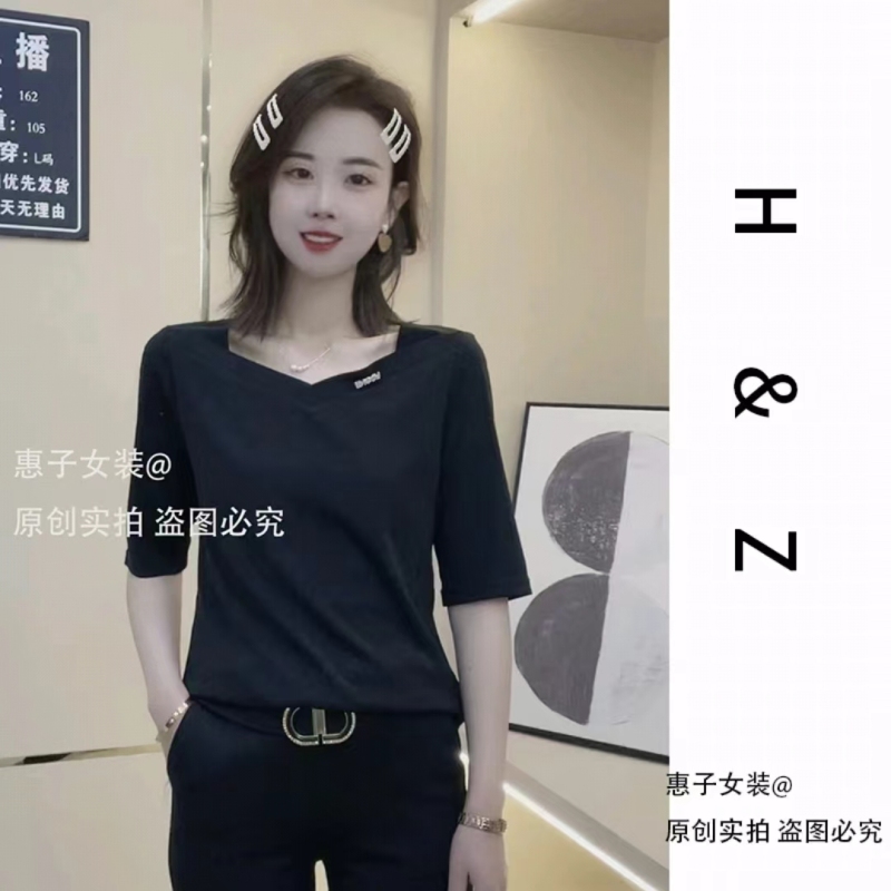 惠子推薦2024新款顯瘦時尚休閒百搭氣質夏季純色修身中袖女t恤