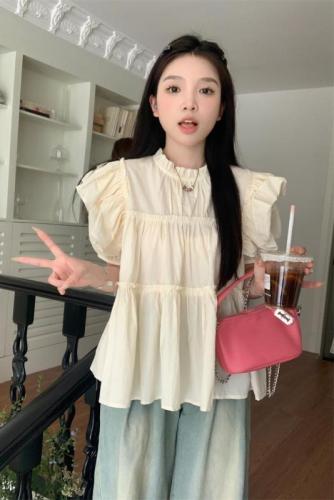 Actual shot of 2024 spring new Korean style loose round neck small flying sleeves sweet temperament versatile pullover top