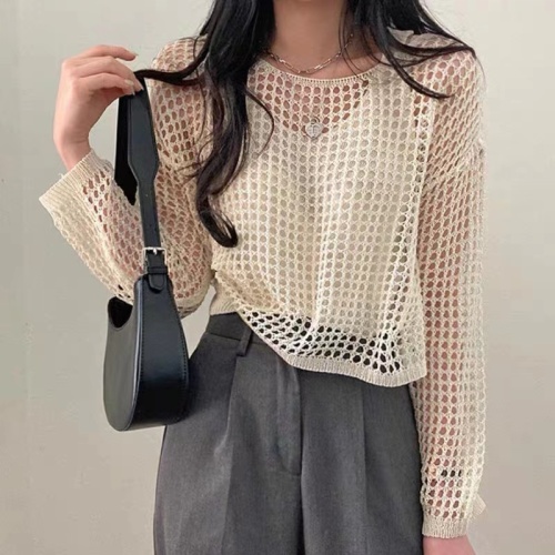 韩国chic夏季法式复古性感透视网状长袖短款针织罩衫+吊带两件套