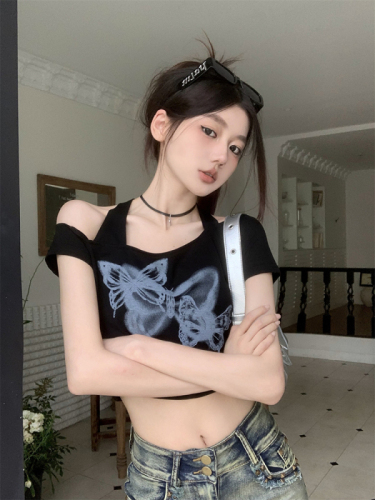 Hot girl off-shoulder halterneck short-sleeved T-shirt for women autumn Korean design butterfly print short top