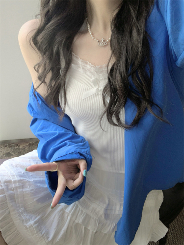 实拍#蓝色衬衫女春夏设计感小众宽松叠穿长袖衬衣外套上衣