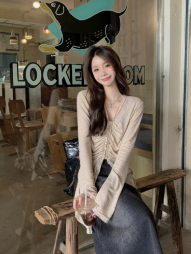 Photographed! Chic Retro V-neck Puff Collar Slim Fit Long Sleeve Women's Han Style Unique Personality Top