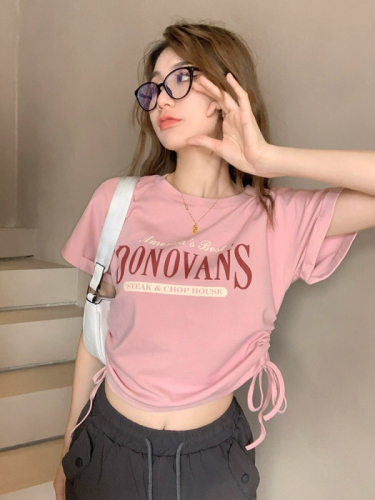 Official picture T-shirt for women summer new letter print pleated bottoming shirt short slimming top