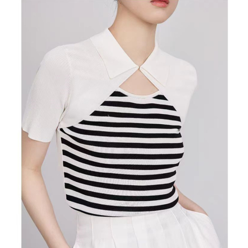 Lapel hollow striped fake two-piece sweater top for women summer new style simple versatile pullover slim short-sleeved top