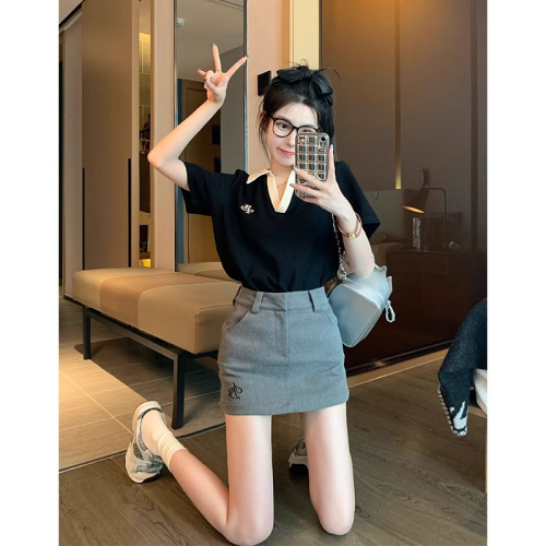 Official picture 2024 new summer style 6535 cotton pique embroidery polo collar short-sleeved T-shirt women's loose and versatile top