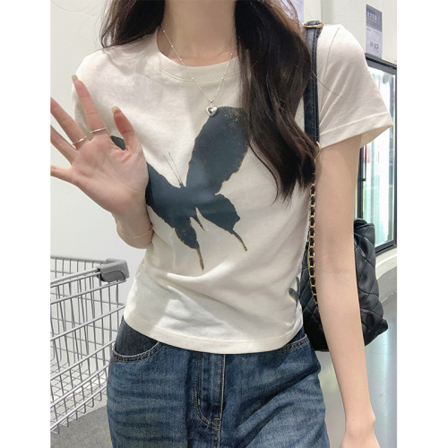 Real shot of snowflake cotton thin short-sleeved T-shirt for women in summer, versatile retro letter print right shoulder slim top