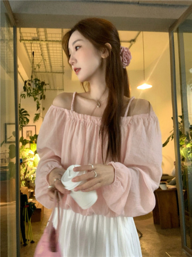 Actual shot ~ New style puff sleeve one-shoulder straps with western style off-shoulder long-sleeved chiffon shirt top