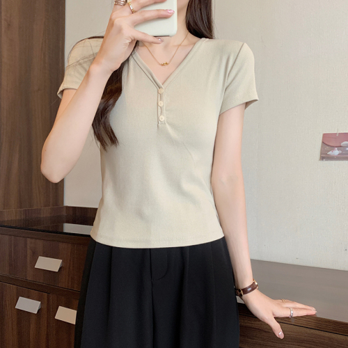 Actual shot of 2024 summer new style fat mm large size fashionable and versatile slimming solid color v-neck right shoulder short-sleeved T-shirt