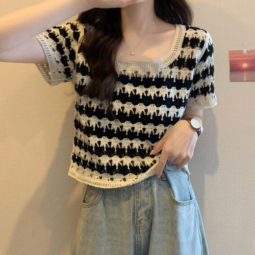 Official picture collar retro striped short-sleeved sweater for women summer hollow crochet style small loose short top