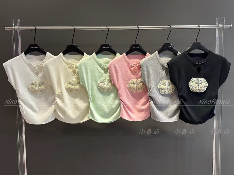 新中式國風盤扣短袖T恤女2024夏季高端刺繡設計感顯瘦修身短上衣