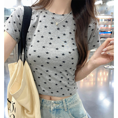 Real shot of high-end slimming 2024 summer short-sleeved T-shirt for women to reduce age, gray polka dots, right shoulder short top