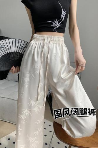 Real shot of national style satin jacquard wide-leg pants for women 2024 spring and summer new high-waisted slimming ice silk casual floor mopping pants