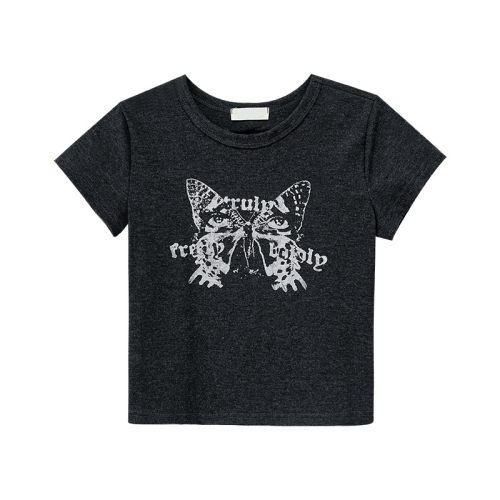 Official picture American butterfly hottie printed short-sleeved T-shirt for women summer retro slim fit short style navel-baring right-shoulder T-shirt