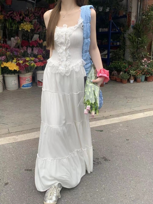 針織吊帶背心女裝春季2024新款純欲風荷葉邊蕾絲拼接修身顯瘦上衣
