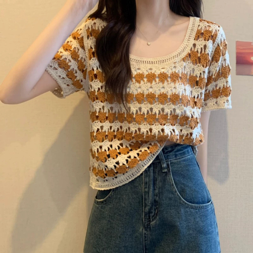 Official picture collar retro striped short-sleeved sweater for women summer hollow crochet style small loose short top