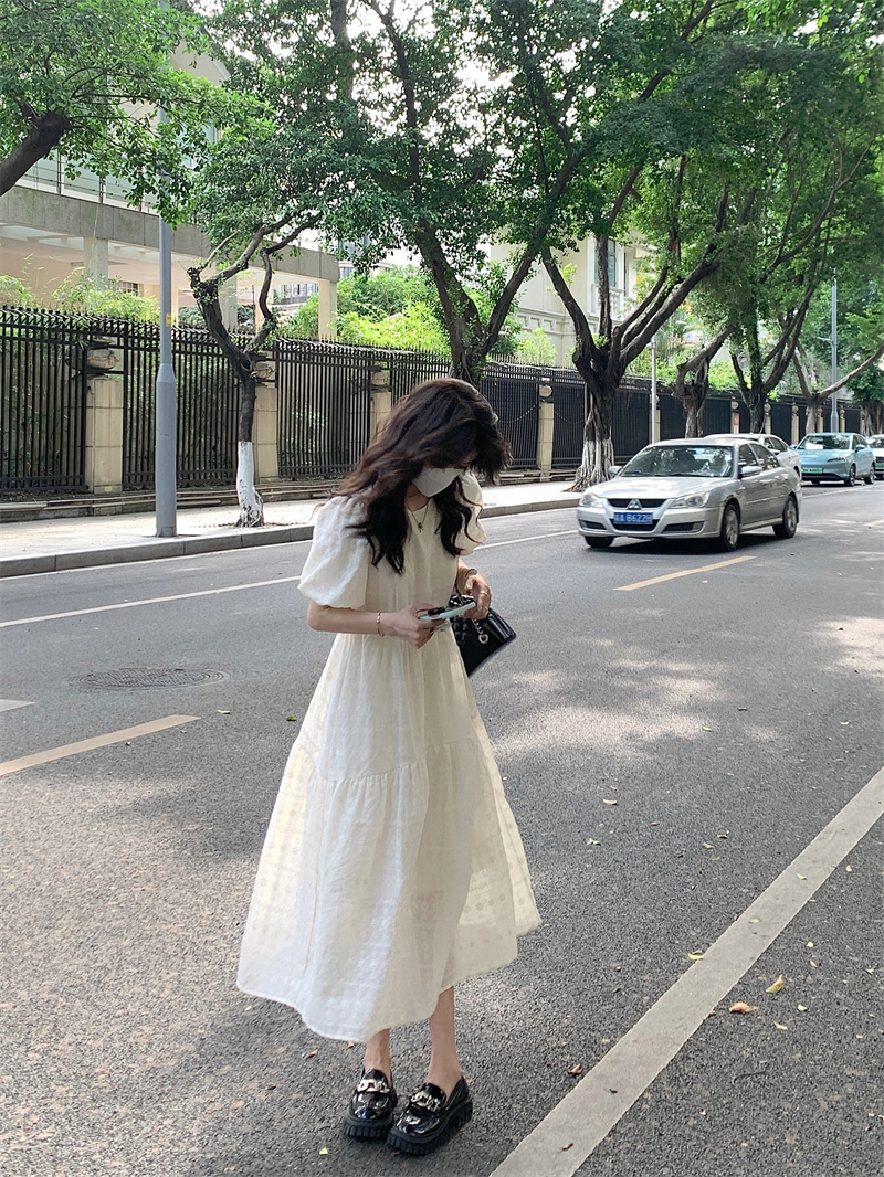 Actual shot#Super Heavy Industry Lace Embroidery Dress Women's Loose Puff Sleeves Hollow Crochet Fairy Long Dress