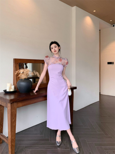 实拍改良款新中式旗袍裙香芋紫两件套网纱上衣吊带复古连衣裙
