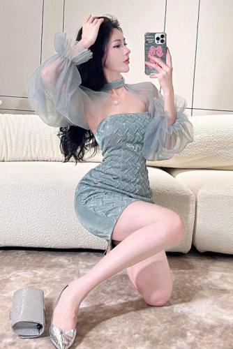 Actual shot of new women's style ladylike style two-wear slim fit butt-hugging party holiday dress