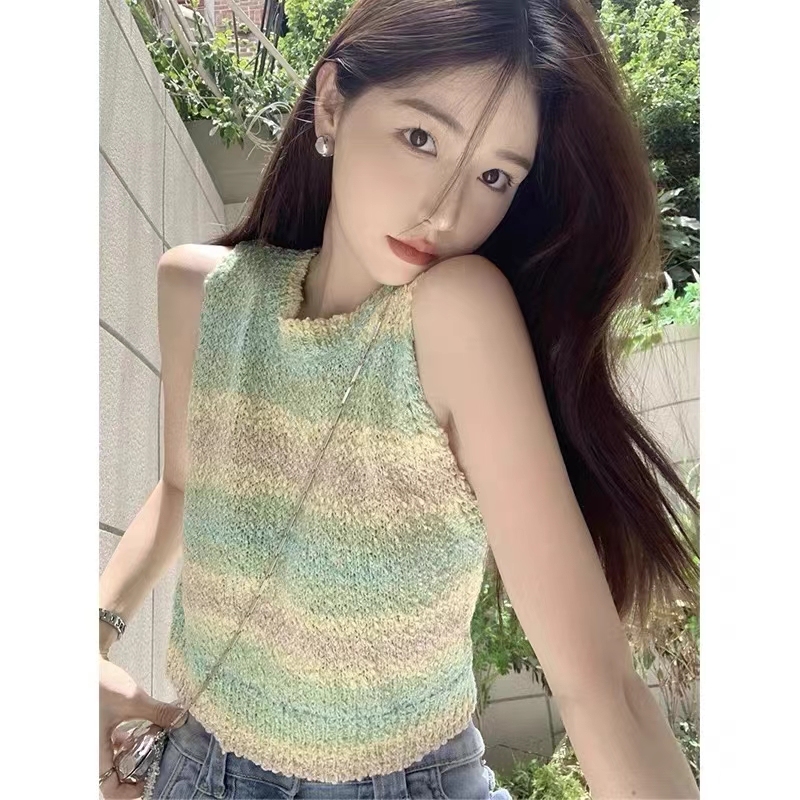 彩虹條紋針織短款辣妹小吊帶背心女夏季外穿修身顯瘦內搭獨特上衣