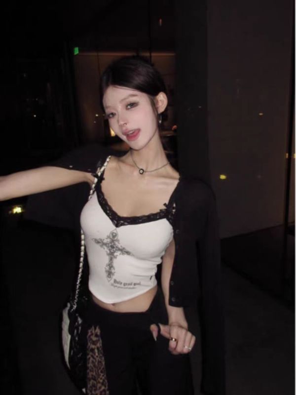 十字架蕾絲吊帶純欲少女背心女夏季2024新款修身露臍背心打底內搭