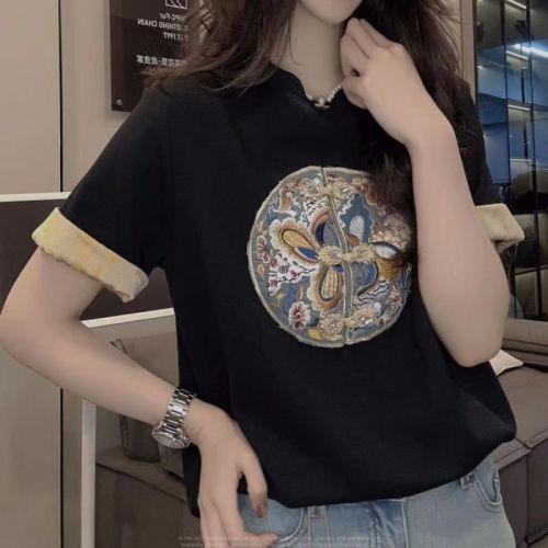 Right shoulder, loose short sleeves, slim design, new Chinese style T-shirt, versatile top