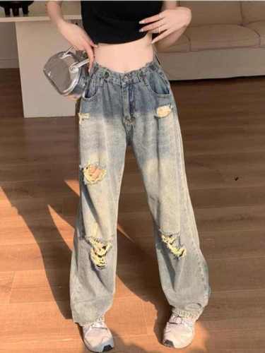 Designed American wide-leg jeans for women 2024 summer new high-waist slim straight pants pear-shaped body pants